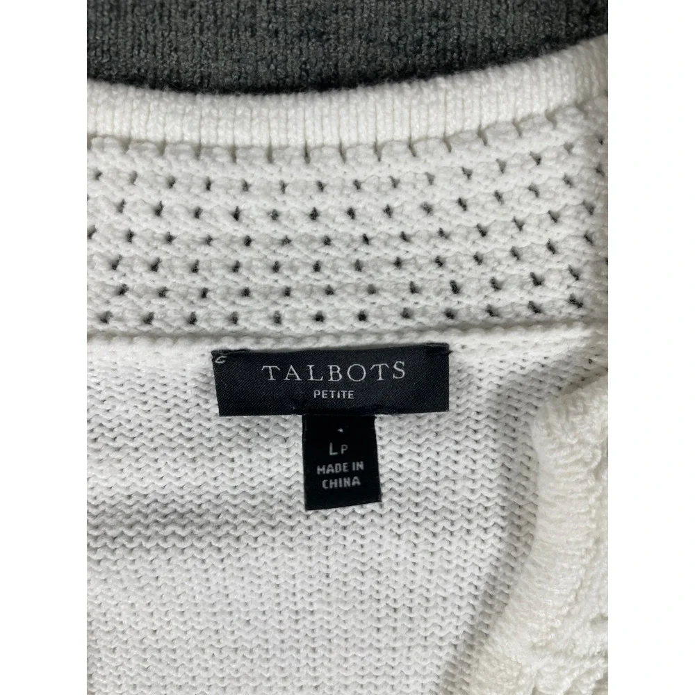 Talbots Petite White Pointelle Raglan Sleeve V-Neck Knit Sweater LP